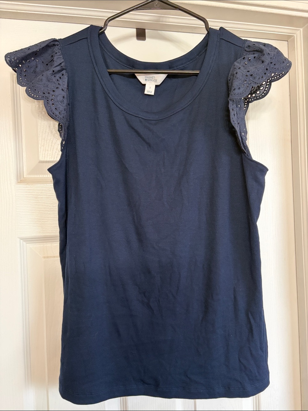 Market & Spruce Navy Eyelet Flutter Sleeve Tank